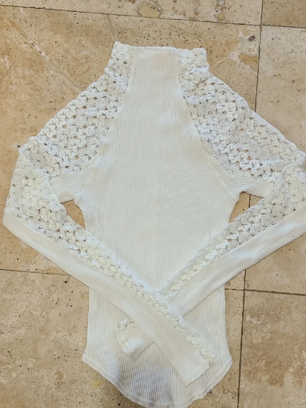 Free People Ivory Lace-Panel Ribbed Long Sleeve Top